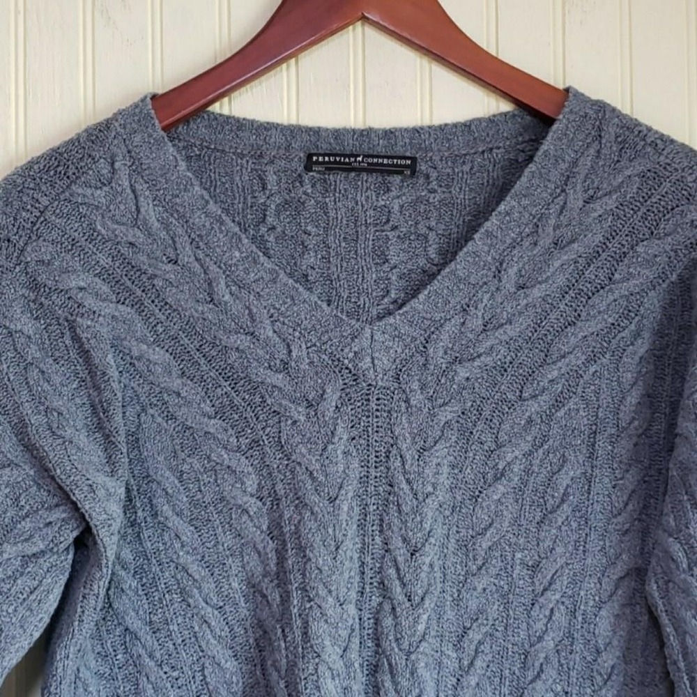 Peruvian Connection Sweater Tunic Womens XS Gray Pima Cotton V Neck Cable Knit